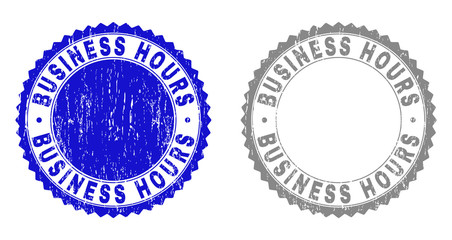Grunge BUSINESS HOURS stamp seals isolated on a white background. Rosette seals with distress texture in blue and gray colors. Vector rubber imitation of BUSINESS HOURS text inside round rosette.