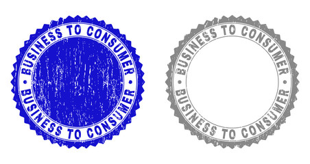 Grunge BUSINESS TO CONSUMER stamp seals isolated on a white background. Rosette seals with grunge texture in blue and gray colors.