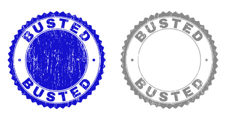 Grunge BUSTED stamp seals isolated on a white background. Rosette seals with grunge texture in blue and gray colors. Vector rubber watermark of BUSTED label inside round rosette.