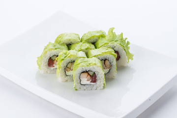 Japanese food restaurant, sushi maki gunkan roll plate or platter set. Sushi set and composition