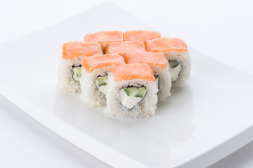 Japanese food restaurant, sushi maki gunkan roll plate or platter set. Sushi set and composition