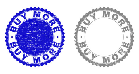 Grunge BUY MORE stamp seals isolated on a white background. Rosette seals with distress texture in blue and grey colors. Vector rubber overlay of BUY MORE caption inside round rosette.