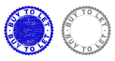 Grunge BUY TO LET stamp seals isolated on a white background. Rosette seals with grunge texture in blue and grey colors. Vector rubber imitation of BUY TO LET caption inside round rosette.