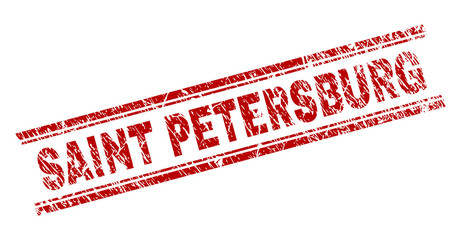 SAINT PETERSBURG seal stamp with distress texture. Red vector rubber print of SAINT PETERSBURG tag with grunge texture. Text tag is placed between double parallel lines.