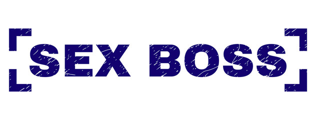 SEX BOSS caption seal print with distress texture. Text caption is placed inside corners. Blue vector rubber print of SEX BOSS with scratched texture.