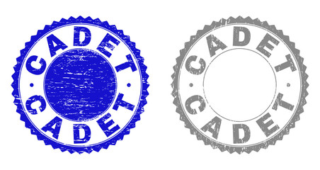Obraz premium Grunge CADET stamp seals isolated on a white background. Rosette seals with grunge texture in blue and gray colors. Vector rubber imprint of CADET caption inside round rosette.