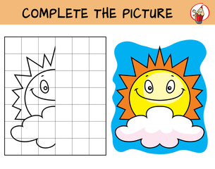 Complete the picture of sun and cloud. Copy the picture. Coloring book. Educational game for children. Cartoon vector illustration