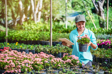 Happy young woman working in a greenhouse, writing notes and studying the growth of trees.