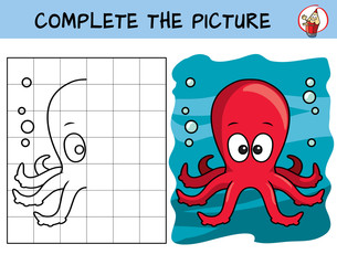 Complete the picture of a funny octopus. Copy the picture. Coloring book. Educational game for children. Cartoon vector illustration