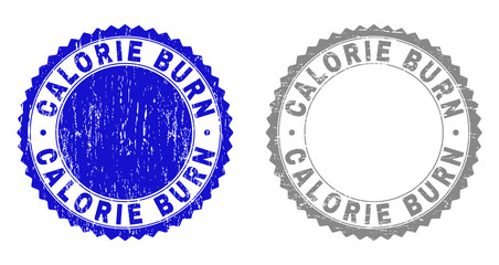 Grunge CALORIE BURN stamp seals isolated on a white background. Rosette seals with distress texture in blue and grey colors. Vector rubber imitation of CALORIE BURN label inside round rosette.