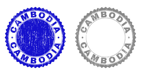 Grunge CAMBODIA stamp seals isolated on a white background. Rosette seals with grunge texture in blue and grey colors. Vector rubber watermark of CAMBODIA caption inside round rosette.
