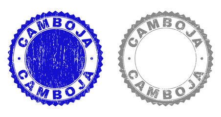 Grunge CAMBOJA stamp seals isolated on a white background. Rosette seals with grunge texture in blue and grey colors. Vector rubber imprint of CAMBOJA label inside round rosette.