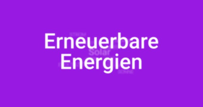 Alternative Energie. Video Animation die Informationen &uuml;ber Erneuerbare Energien zeigt (z.B. Solar, Erdw&auml;rme, Windenergie, Biomasse, Wasserkraft). Lila Hintergrund, wei&szlig;er Text. Tag Cloud