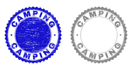 Grunge CAMPING stamp seals isolated on a white background. Rosette seals with grunge texture in blue and grey colors. Vector rubber overlay of CAMPING label inside round rosette.