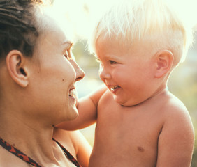 Portrait of mother and son. Summer shot of a happy family