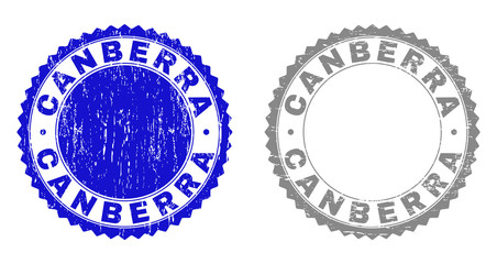 Obraz premium Grunge CANBERRA stamp seals isolated on a white background. Rosette seals with grunge texture in blue and grey colors. Vector rubber overlay of CANBERRA label inside round rosette.