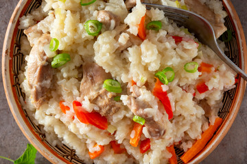 Pilaf stew made from rice, chicken meat, carrot and onion