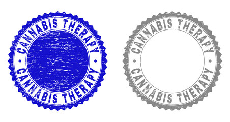 Grunge CANNABIS THERAPY stamp seals isolated on a white background. Rosette seals with grunge texture in blue and grey colors. Vector rubber imprint of CANNABIS THERAPY label inside round rosette.