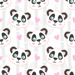 Seamless pattern with cartoon panda and bamboo. Cute baby background, stamp texture. Vector illustration in pastel color.