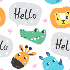 Seamless pattern with cartoon animals and hand draw lettering HELLO. Cute baby background, stamp texture. Vector illustration.