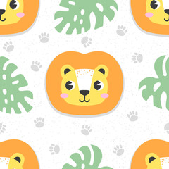 Seamless pattern with cartoon lion. Cute baby background, stamp texture. Vector illustration.