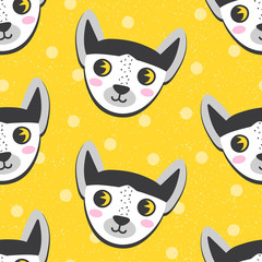 Seamless pattern with cartoon lemur on yellow background. Cute baby background, stamp texture. Vector illustration.