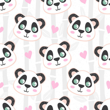 Seamless pattern with cartoon panda and bamboo. Cute baby background, stamp texture. Vector illustration in pastel color. © Xenia800