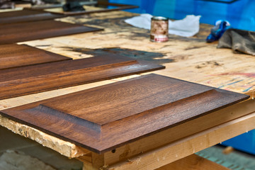 Wood panels for entrance door. Wood door manufacturing process. Furniture manufacture.