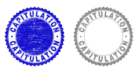 Grunge CAPITULATION stamp seals isolated on a white background. Rosette seals with grunge texture in blue and gray colors. Vector rubber imprint of CAPITULATION label inside round rosette.
