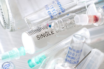 medical syringes and ampoules of plastic and glass