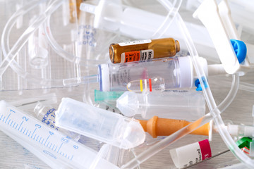 medical syringes and ampoules of plastic and glass