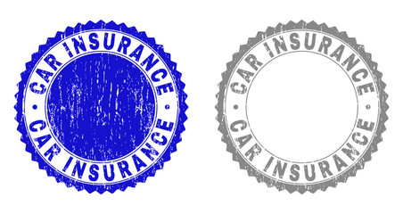 Grunge CAR INSURANCE stamp seals isolated on a white background. Rosette seals with grunge texture in blue and gray colors. Vector rubber imitation of CAR INSURANCE label inside round rosette.