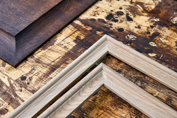 Wood panels and moldings for entrance door. Wood door manufacturing process. Furniture manufacture.