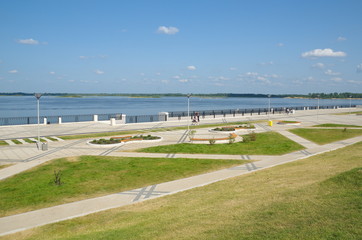 Nizhny Novgorod, Russia - August 19, 2018: View of the Nizhnevolzhskaya embankment on summer day