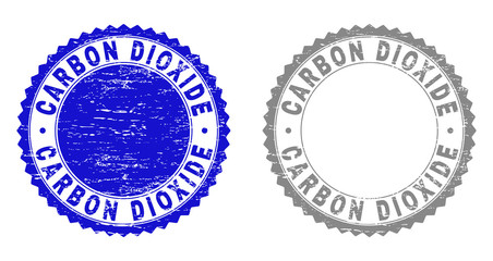 Grunge CARBON DIOXIDE stamp seals isolated on a white background. Rosette seals with grunge texture in blue and grey colors. Vector rubber imitation of CARBON DIOXIDE caption inside round rosette.