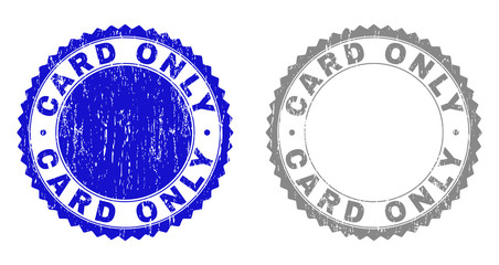 Grunge CARD ONLY stamp seals isolated on a white background. Rosette seals with grunge texture in blue and gray colors. Vector rubber imitation of CARD ONLY label inside round rosette.