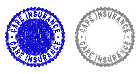 Grunge CARE INSURANCE stamp seals isolated on a white background. Rosette seals with grunge texture in blue and gray colors. Vector rubber imprint of CARE INSURANCE tag inside round rosette.