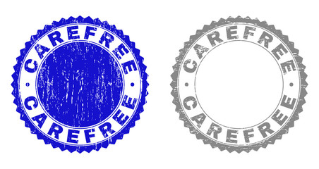 Grunge CAREFREE stamp seals isolated on a white background. Rosette seals with grunge texture in blue and grey colors. Vector rubber watermark of CAREFREE tag inside round rosette.