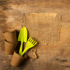Garden tools on aged wooden background. Spring concept.