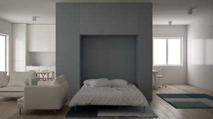 Small apartment, one-room with parquet floor, home workplace with desk in white living room, Murphy bed, office in minimalist style, modern architecture interior design concept