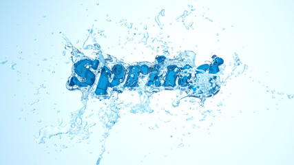 The word Spring. Material blue and transparent ice covered by crystal fresh water splash. 3d illustration. Isolated on bright background