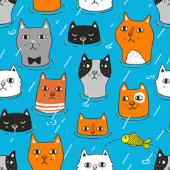 Fototapeta premium Funny sad cats in the water seamless pattern.