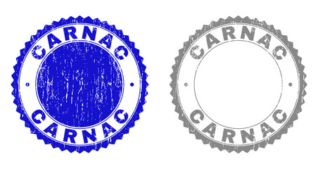 Grunge CARNAC stamp seals isolated on a white background. Rosette seals with grunge texture in blue and grey colors. Vector rubber imitation of CARNAC tag inside round rosette.
