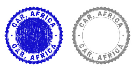 Obraz premium Grunge CAR, AFRICA stamp seals isolated on a white background. Rosette seals with grunge texture in blue and gray colors. Vector rubber overlay of CAR, AFRICA label inside round rosette.