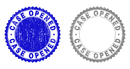 Grunge CASE OPENED stamp seals isolated on a white background. Rosette seals with grunge texture in blue and gray colors. Vector rubber imprint of CASE OPENED caption inside round rosette.