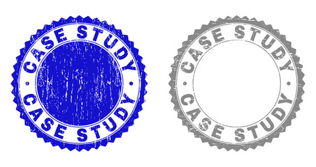 Grunge CASE STUDY stamp seals isolated on a white background. Rosette seals with grunge texture in blue and grey colors. Vector rubber imprint of CASE STUDY title inside round rosette.