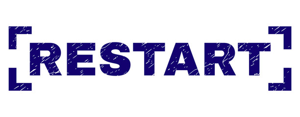 RESTART text seal print with distress texture. Text tag is placed between corners. Blue vector rubber print of RESTART with dirty texture.