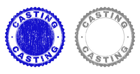 Grunge CASTING stamp seals isolated on a white background. Rosette seals with grunge texture in blue and grey colors. Vector rubber watermark of CASTING tag inside round rosette.