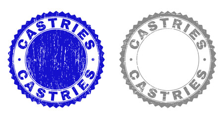 Grunge CASTRIES stamp seals isolated on a white background. Rosette seals with grunge texture in blue and grey colors. Vector rubber watermark of CASTRIES text inside round rosette.