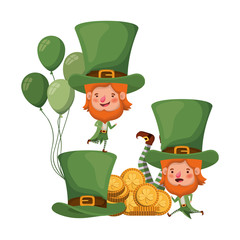 leprechauns with coins and hat isolated icon